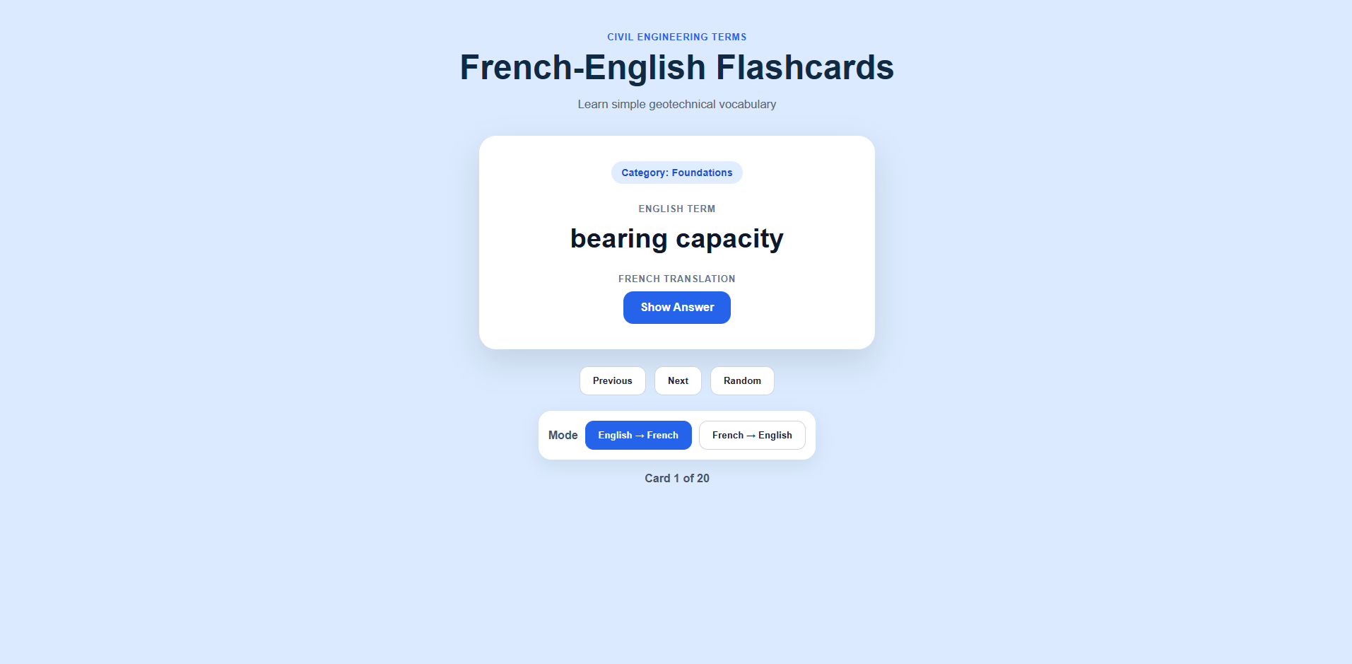a picture of the french-english flashcard website